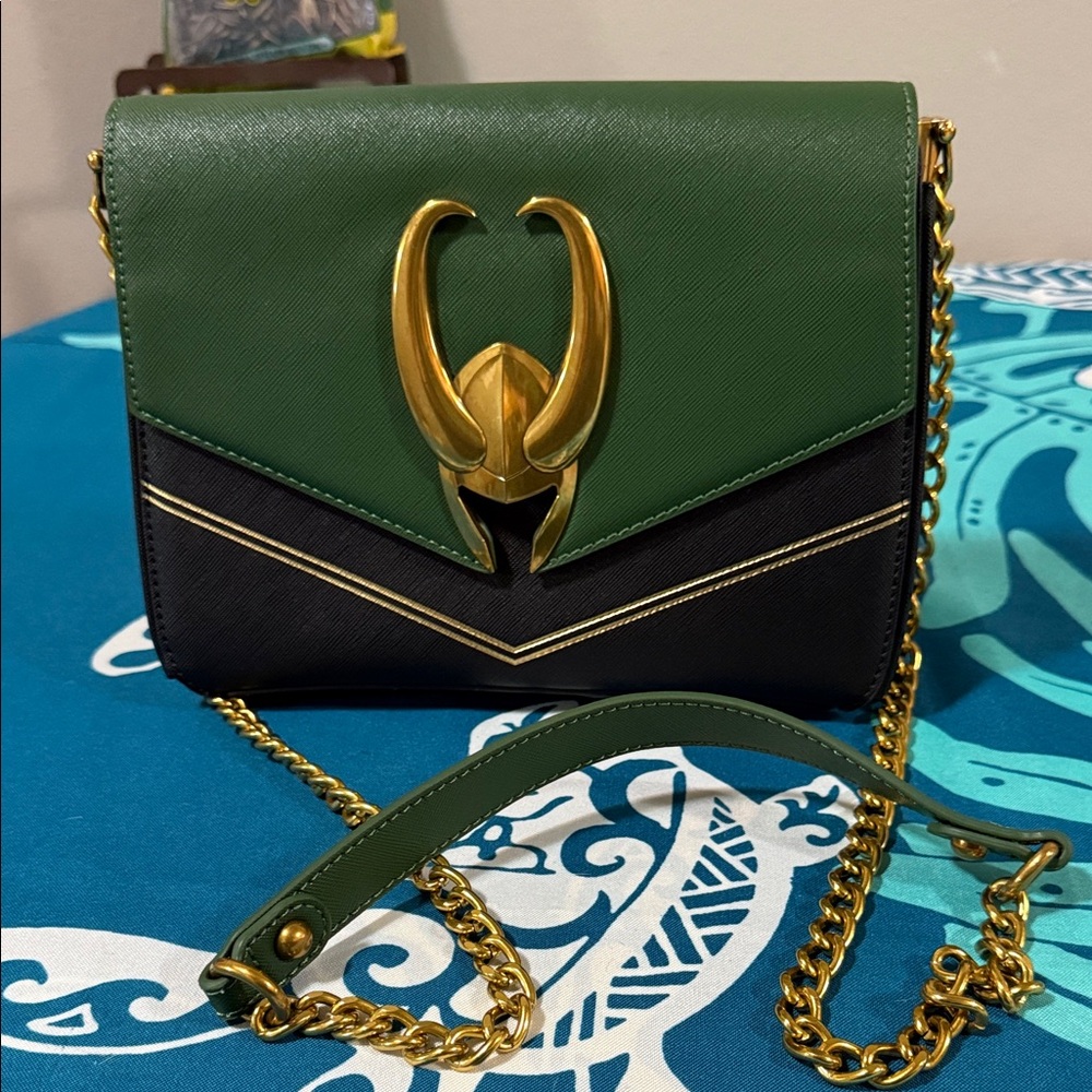 Loki Loungefly Green and Black Crossbody Bag with Gold Chain